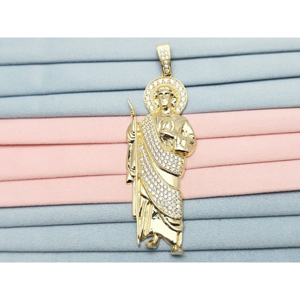Unique Large 10k Karat Solid Yellow Gold Religious Saint Jude Cz Charm Pendant